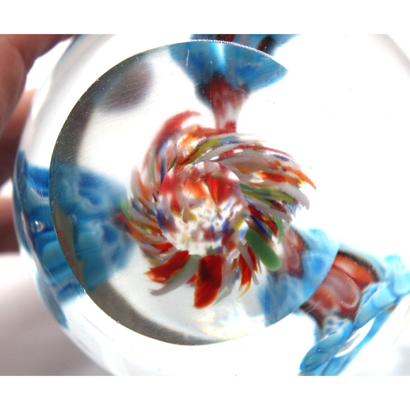 Hand Blown Glass Paper Weight • Three Detailed Blue Flowers Red Stem Multi Color - Picture 5 of 8